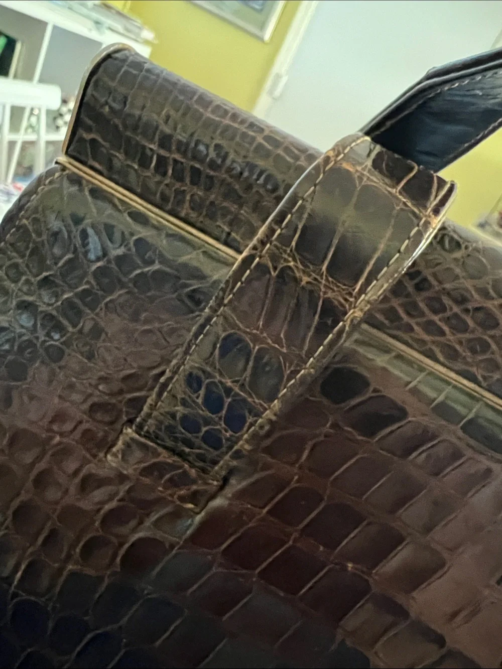 Classic Croc-Embossed Structured Top-Handle Bag in Dark Brown